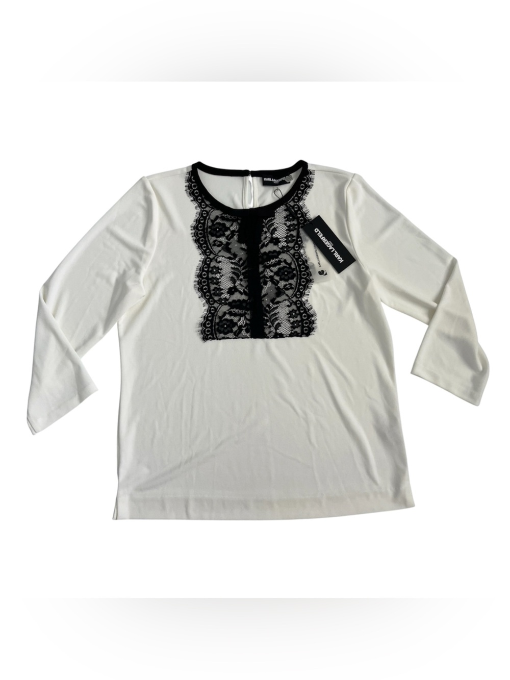 NWT Karl Lagerfeld White Long-Sleeve Top with Black Lace